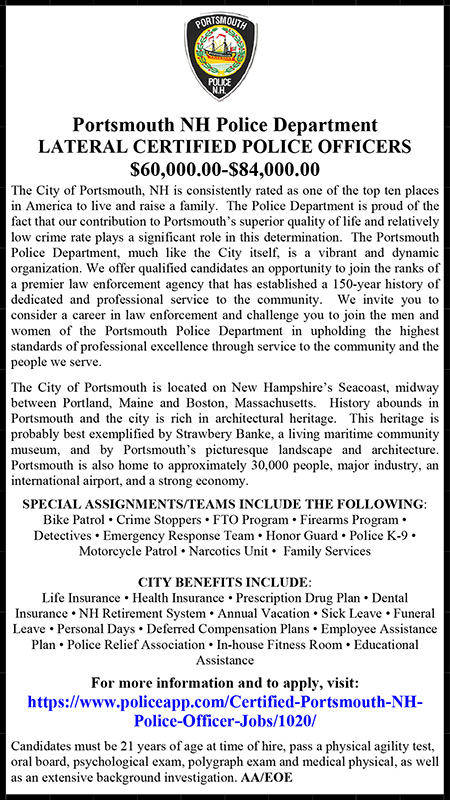Portsmouth NH Police Department Lateral Certified 2023 Ad