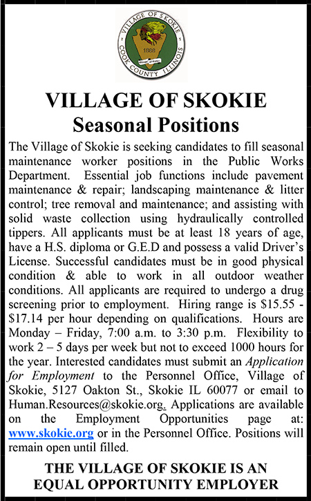 Village of Skokie Seasonal Positions Ad