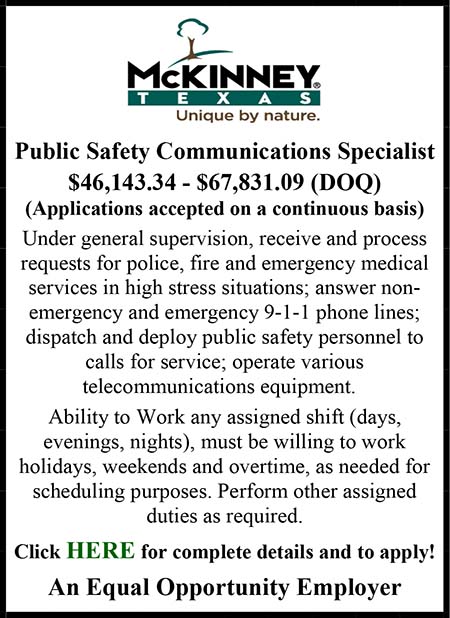 City of Mckinney Public Safety Communications Specialist Ad 04.03.23.pub