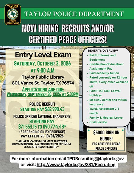 Taylor PD Recruiting Flyer with test date